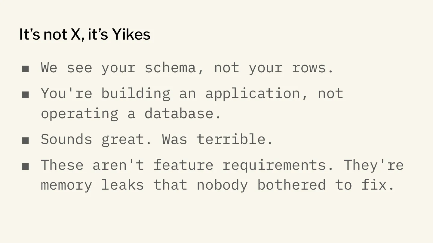 A slide titled 'It's not X, it's Yikes' with the following four examples: 'We see your schema, not your rows.', 'You're building an application, not operating a database.', 'Sounds great. Was terrible.', 'These aren't feature requirements. They're memory leaks that nobody bothered to fix.' _