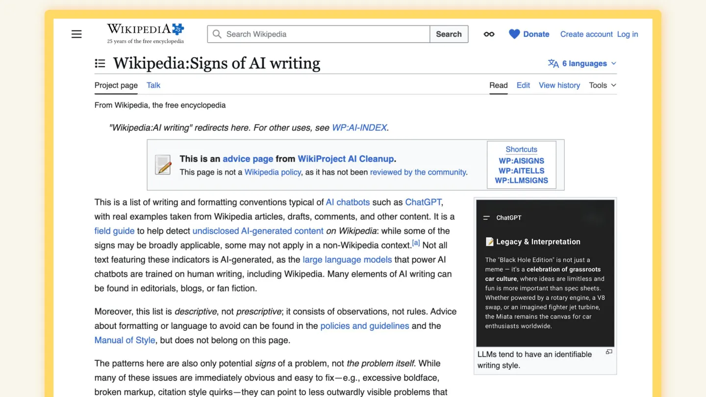 Screenshot of the Wikipedia Signs of AI Writing advice page. _