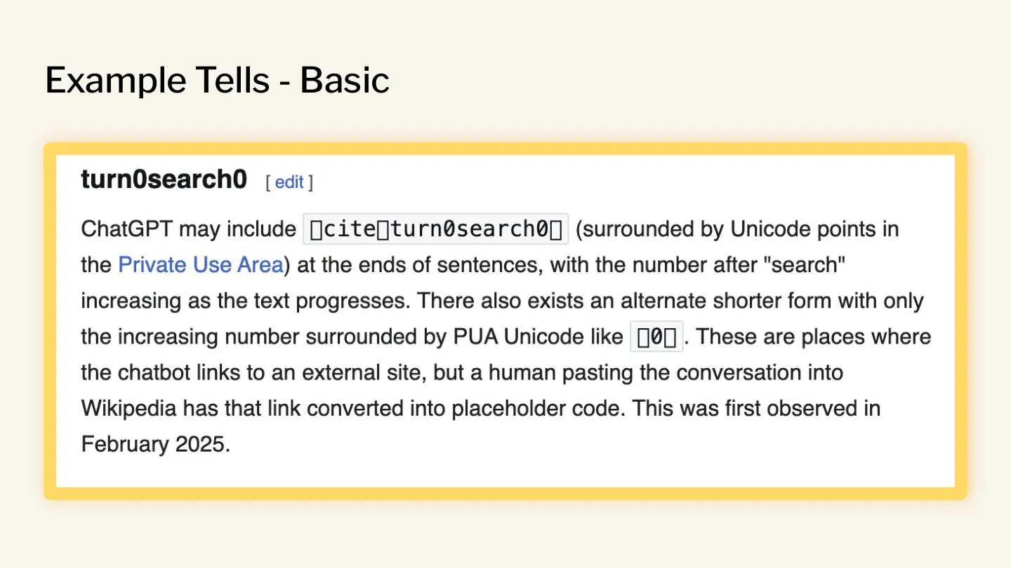 Basic tells from the Signs of AI Writing page — leftover scaffolding like "As an AI language model" and "Would you like me to expand?" _