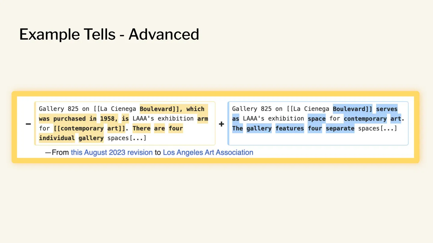 More advanced tells documented on the page, including specific stylistic patterns and contrastive constructions. _