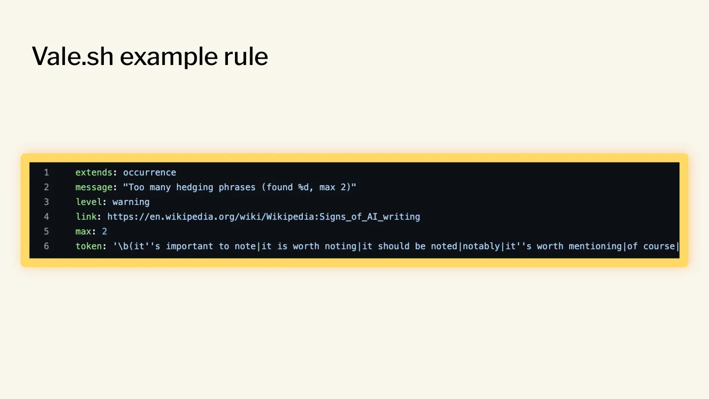 An example Vale rule definition in YAML, matching the contrastive negation construction. _