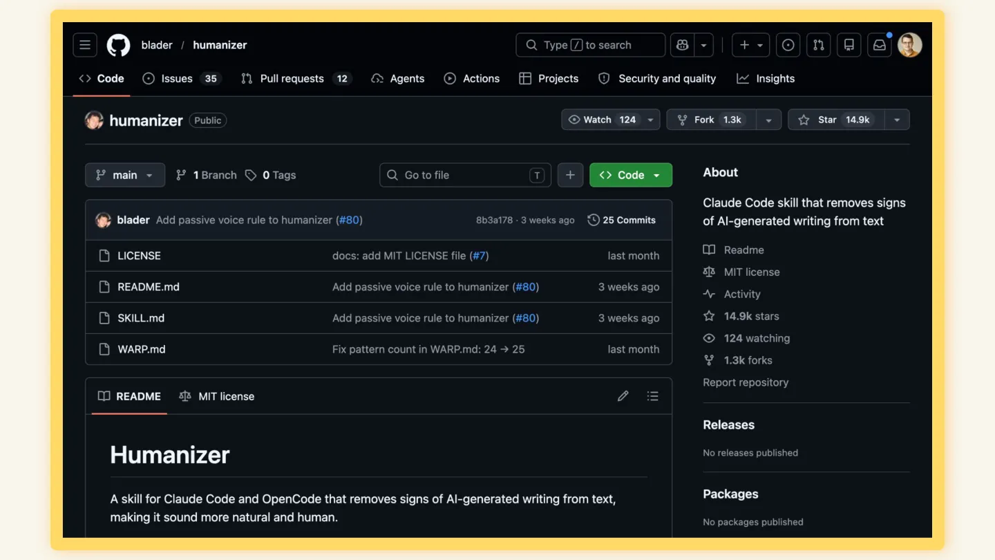 Screenshot of the humaniser library on GitHub showing a star count in the tens of thousands. _
