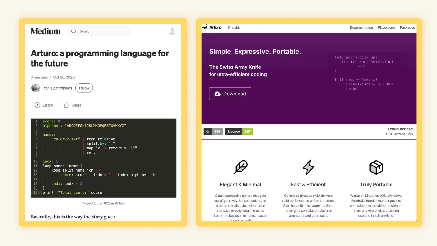 Side-by-side comparison: the scrappy, hand-written original announcement of a programming language alongside the AI-polished landing page that replaced it. _