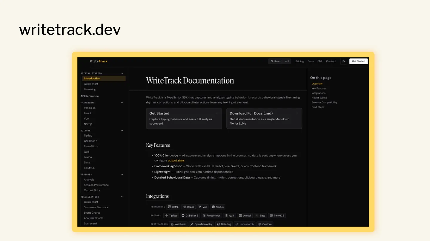 The writetrack.dev product page. _
